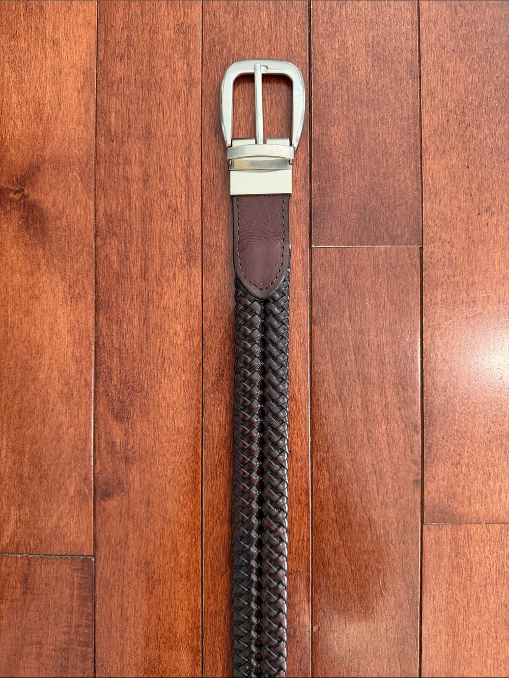 Men’s Braided Brown Bonded Leather Belt with Silver Buckle 37” Length